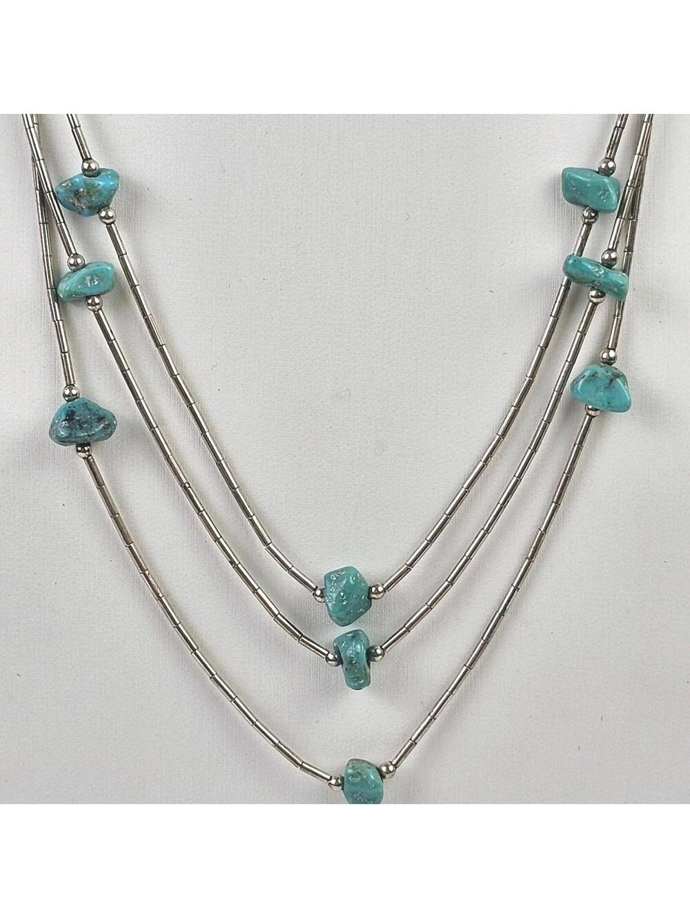 Vtg Southwestern Sterling Liquid Silver 3-Strand Necklace w/ Turquoise Nuggets